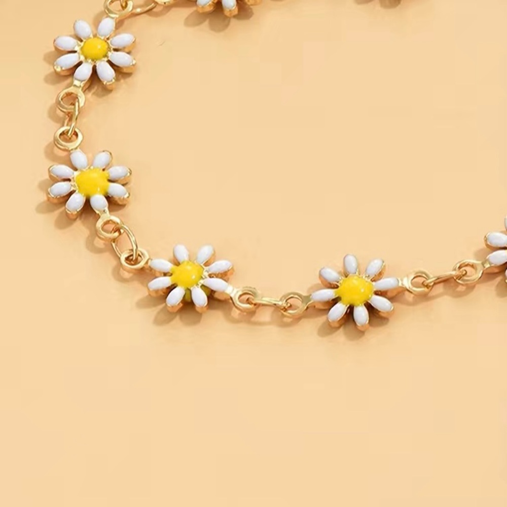 White Daisies Flower Beads Chain Anklet 14K Gold Plated Alloy Ankle Bracelet NEW - Picture 2 of 3